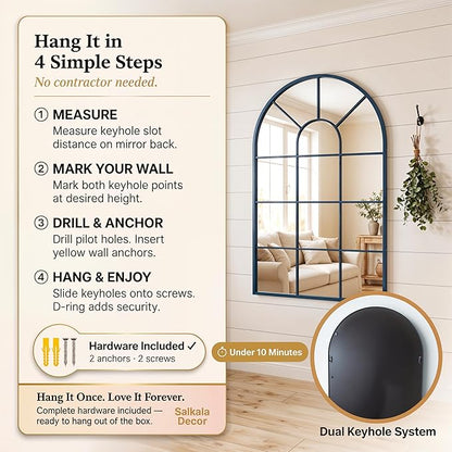 Blue Framed 48x28Inch Arched Window Pane Mirror| Arched Mirrors for Wall & Floor | Arch Mirror Full Length for Entryway Living Room & Bedroom | Oversized Mirrors | Wall Art Decorative |Farmhouse