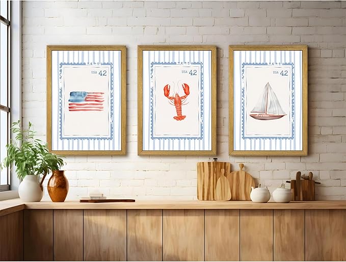 Wood Framed Blue Beach Stamp Set of 3 Canvas Poster Coastal Granddaughter Room Wall Art Decor Vintage Preppy Aesthetic Prints Artwork for Girly Dorm Apartment Ocean Home Decoration 16x24 Inch