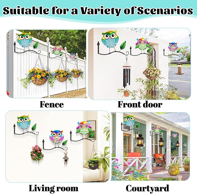 Metal Birds Wall Art Decor with Hanging Hooks, 3D Colorful Bird Outdoor Hanging Wall Art Patio Fence Decorations, Plant Bracket for Planters Wind Chimes Lanterns Garden Patio Decor (Owl)