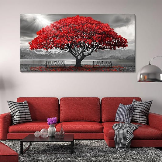 Red Wall Art - Modern Framed Wall Art for Living Room - Large Red Tree Black and White Landscape Canvas Prints - Posters & Prints for Home Office Bedroom Decorations - Large Wall Pictures 29×58IN