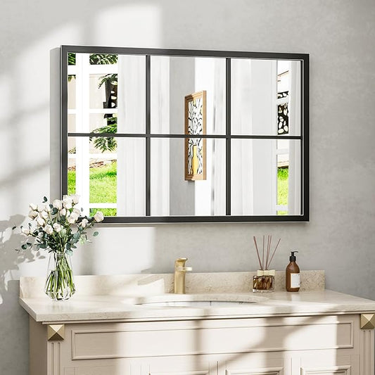 Dewfig Rectangle Wall Mirror, Window Mirror Wall Mounted, 24"x36"in Window Pane Mirrors, Large Black Mirrors for Hanging or Leaning Against Wall Bedroom Vanity Living Room Fireplace Entryway,Black