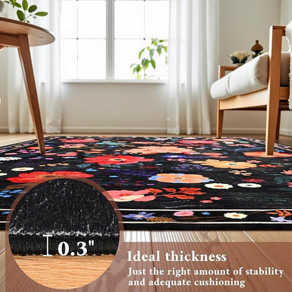 Macgace Black Floral Rug for Girls Bedroom, 3x5 Machine Washable Area Rugs with Non Slip Backingfor Living Room, Cute Flowers Carpet Kitchen Dining Room Kids Playroom Decor