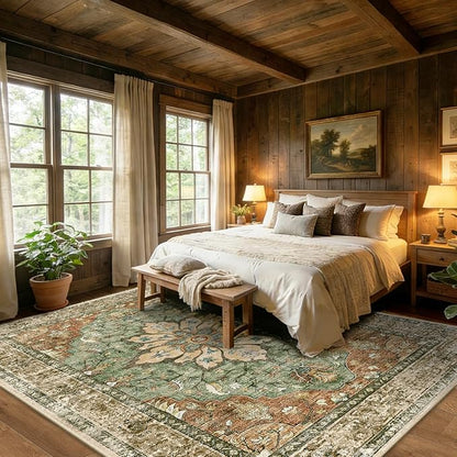 RELEANY Area Rugs 10'x12' Washable Non-Slip, Floral Vintage Distress Print Pattern Medallion Carpet for Living Room Bedroom Dining Room, Brick Red Rust Neutral Brown Burnt Orange Green