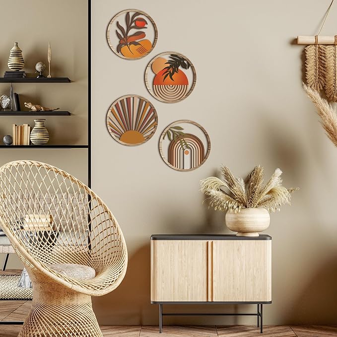 Qunclay 4 Pcs Boho Wall Art Bohemian Wooden Round Circle Wall Decor Hollow out Hanging Farmhouse Aesthetic for Bedroom Living Room Bathroom Bedroom Bathroom Patio Apartment Gift 10 Inch(Stylish)