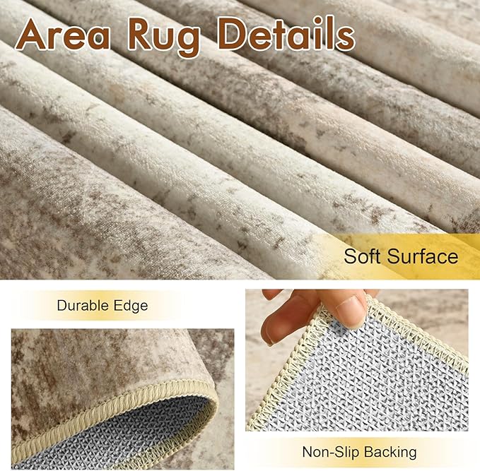 4x6 Ft Abstract Area Rugs for Living Room, Soft Non-Slip Modern Washable Rugs Print Pattern Carpet for Bedroom Indoor Floor Nursery Home Decor (Pink-Brown/Light tan)