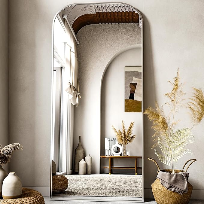 XRAMFY Full Length Mirror, 71"x28" Floor Mirror Freestanding, Arched Floor Standing Large Mirror Full Body Mirrors with Stand for Bedroom, Hanging Mounted Mirrors for Living Room, Silver