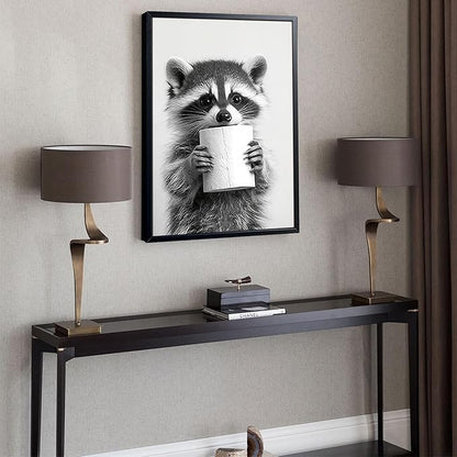XYHYRA Bathroom Wall Art, Cute Black and White Raccoon Canvas Prints Poster, Funny Animal Decor Oil Painting, Modern Farmhouse Picture Artwork for Bathroom Toilet Wall Decor 16x24 Inch Framed