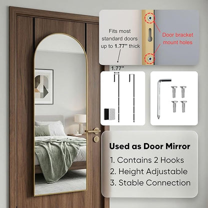 58"x20" Arched Full Length Door Mirror, Over-the-Door Hanging, Floor Standing, Wall Mounted or Leaning, Metal Frame Body Mirror for Bedroom, Living Room, Closet, Dorm, Gold