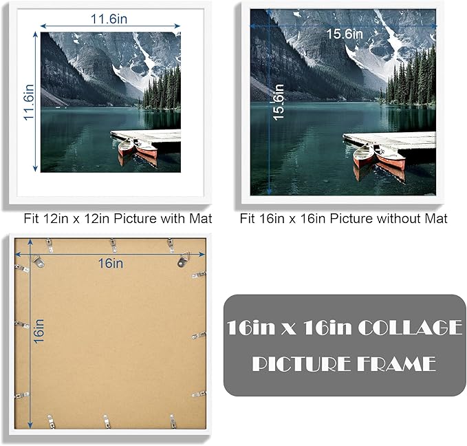 Hongkee 16x16 Square Frame Set of 3 - Display 12x12 Photo with Mat or 16 x 16 Poster without Mat, Wall Mounting Horizontal and Vertical, White