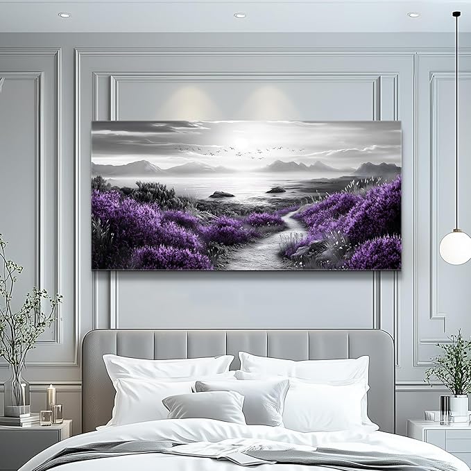 FUHAIHUA Large Wall Decor For Living Room Canvas Wall Art For Office Wall Decorations For Bedroom purple flowers Landscape Painting Black and white Pictures Artwork Room Home Decor 24x48 In