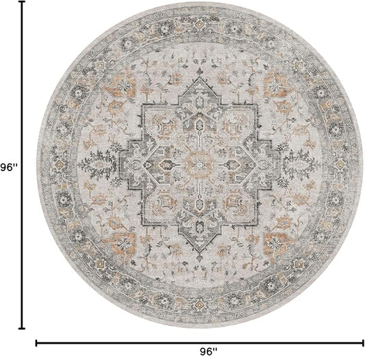 GENIMO 8FT Round Area Rugs for Living Room, Circle Rugs Machine Washable Low Pile, Chenille Non Slip Vintage Rug for Bedroom, Dining Room, Home Office, Light Taupe Brown