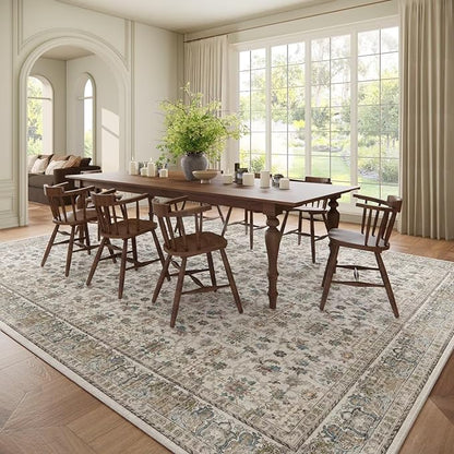Washable 10x14 Area Rugs for Living Room, Boho Non-Slip Vintage Distress Large Rugs for Bedroom Dining Room Office, 0.3" Neutral Oriental Throw Thin Carpet,Cream/Blue/Orange/Multi,A2