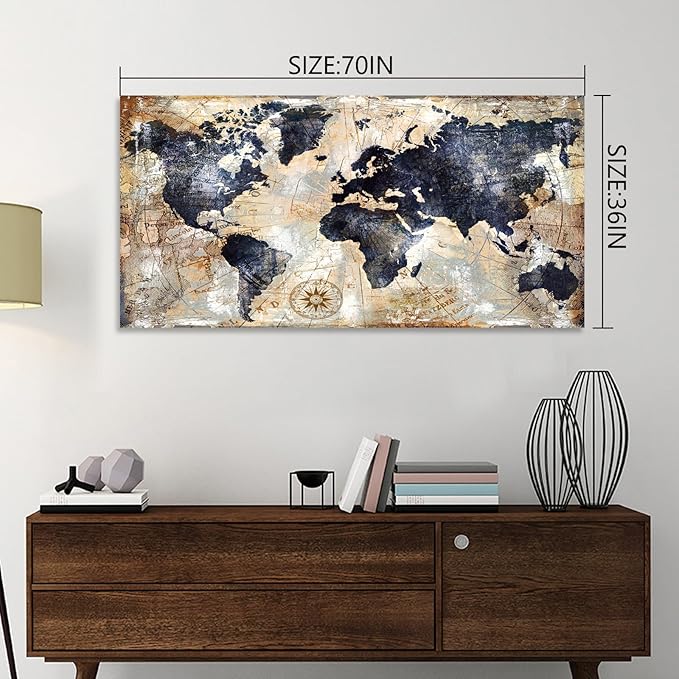 Framed Vintage World Map Canvas Wall Art Navy Blue and Tan Rustic Distressed Style Large Horizontal Print for living Room Bedroom Dining Office Home Artwork Size 36 x 70 in