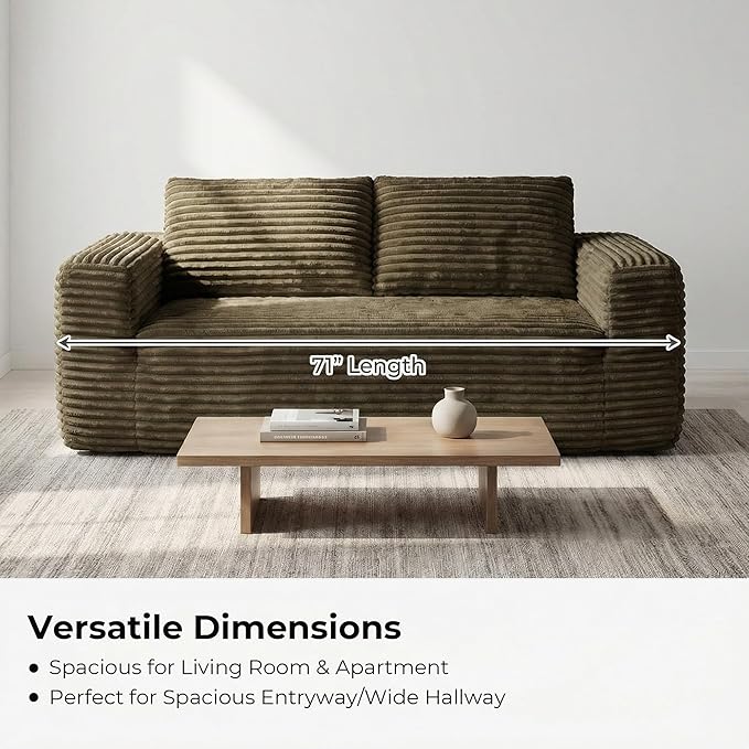 LIKIMIO Liorin Plush 71" Luxury Corduroy Boneless Cloud Couch, No Assembly Small Space Loveseat for Apartment, Office & Living Room, Brown