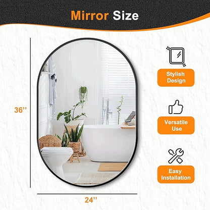 Bathroom Vanity Mirror for Wall, 36''x24'' Black Oval Bathroom Mirror for Over Sink, Bedroom, Living Room, Entryway, HD Tempered Glass, Wall Mounted Horizontally or Vertically