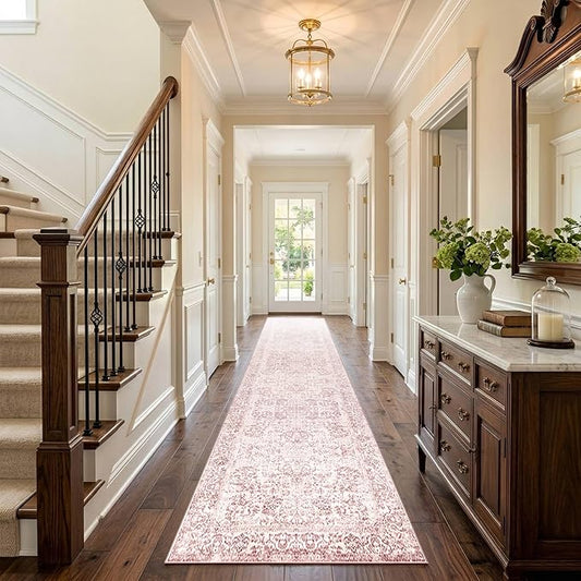 Rugxara 2x10 Washable Runner Rug, Non Slip Boho Runner Rugs for Hallway, Kitchen, Entrance, Bathroom, Laundry Room, Soft Ultra-Thin Entryway Carpet, Throw Low Pile Retro Imitation Carpet, Pink