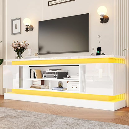 chartustriable 81IN LED TV Stands w/Power Outlet for 90/80/75 Inch TVs,High Glossy Modern Tall Entertainment Center TV Media Console Gaming with 2 Storage Cabinets,Dual LED Lights,White