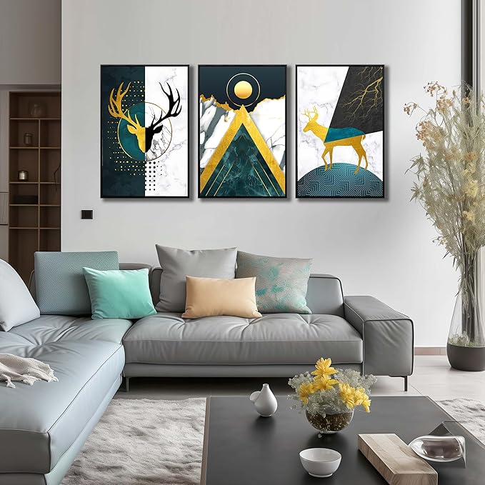 Boho Canvas Wall Art Set of 3 with Black Frame, Abstract Minimalismt Bohemian Deer & Geometric Pictures Prints Artwork Paintings Wall Decor for Bedroom Living Room Home Decoration 24x36 inches