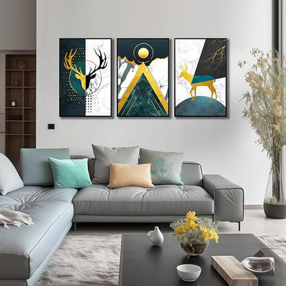 Boho Canvas Wall Art Set of 3 with Black Frame, Abstract Minimalismt Bohemian Deer & Geometric Pictures Prints Artwork Paintings Wall Decor for Bedroom Living Room Home Decoration 24x36 inches