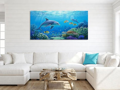 Ardemy Ocean Life Wall Art 40"x20" Picture, Waterproof Canvas Print with Dolphins and Sea Turtles, Underwater Scene for Bathroom, Kids Room, Living Room Coastal Decor