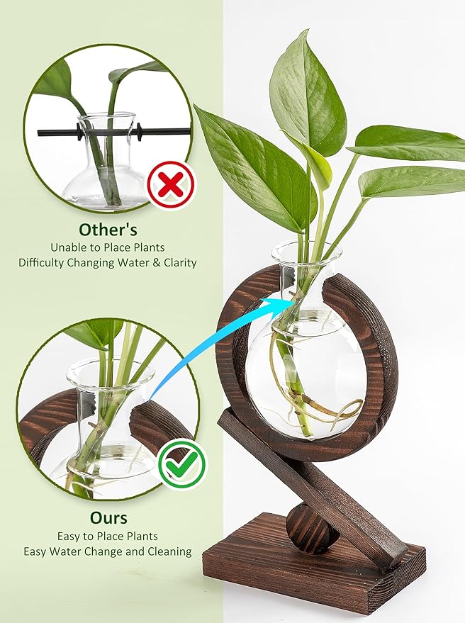 Glass Plant Propagation Station with Wooden Stand and Air Planter Bulb Vase, Planter Terrarium for Home Office Garden Boho Desk Decor,Mothers Day Vase (Dark Burnt Wood)