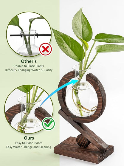 Glass Plant Propagation Station with Wooden Stand and Air Planter Bulb Vase, Planter Terrarium for Home Office Garden Boho Desk Decor,Mothers Day Vase (Dark Burnt Wood)