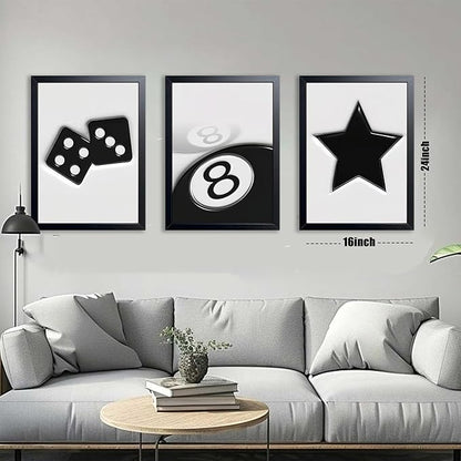 Black And White Wall Art Set of 3, Vintage Y2k Dice 8 Ball Canvas Prints Painting, Funky Lucky Preppy Posters Pictures For Game Room Apartment Dorm Teenager Room Wall Decor 16x24 Inch Framed