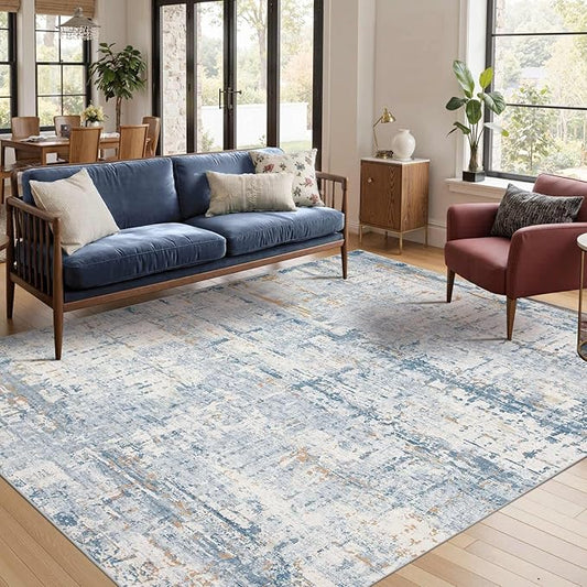Rugxara 4x6 Rug for Living Room Bedroom, Grey Washable Throw Rugs, Abstract Area Rugs, Non Slip & Low Pile Accent Carpet for Indoor Dining Room, Kids Room and Office(Blue Beige)