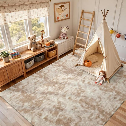FinRèc 6x9 Washable Area Rugs for Bedroom Living Room, Low Pile Thin Ultra Soft Shag Rug, Non-Slip Carpet Indoor for Home Decor (Tie-dye Light Tan)