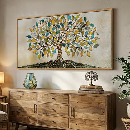 Large Framed Tree of Life Wall Art for Living Room, Modern Farmhouse Neutral Tree Canvas Painting Prints Artwork for Walls, Rustic Retro Picture for Bedroom Kitchen Office Hallway Wall Decor, 30x60