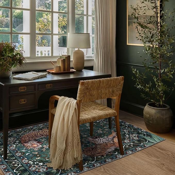 Tiger Washable Rugs 3x5ft, Green Entryway Jungle Rugs Non Slip, Soft Botanical Area Carpets for Bedroom, Low Pile Accent Floor Carpet for Kitchen Laundry Living Room Dorm Nursery Office