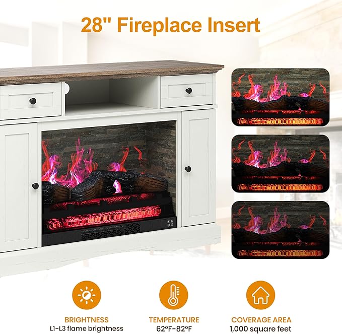 RoyalCraft TV Stand with 28'' Fireplace for TVs up to 55'', Media Console Table with Adjustable Shelves, Double-Door Design, Entertainment Center for Living Room, Bedroom, White