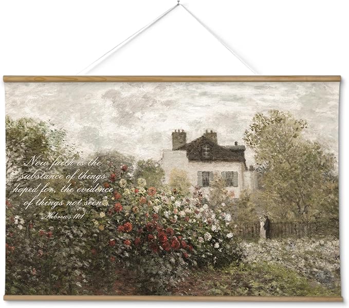 InSimSea 36x54 Extra Large Canvas Scroll Wall Art, Faith in Garden Bible Verse Religious Decor, Inspirational Pastoral Rose Bush Oil Painting for Living Room, Prayer Room, Church