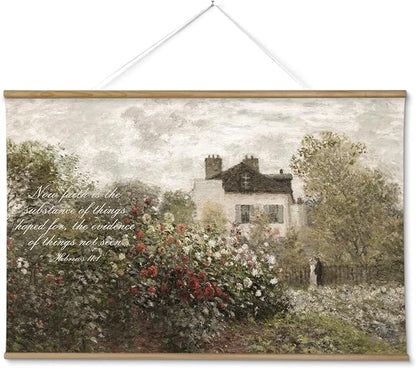 InSimSea 36x54 Extra Large Canvas Scroll Wall Art, Faith in Garden Bible Verse Religious Decor, Inspirational Pastoral Rose Bush Oil Painting for Living Room, Prayer Room, Church