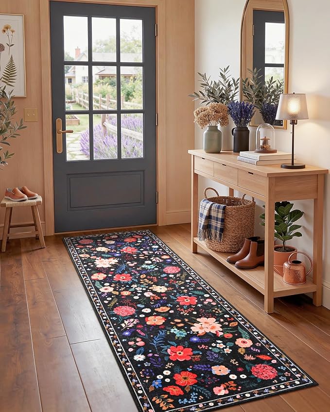 Macgace 2.5x8 Floral Runner Rug, Flowers Printed Washable Rugs with Non Slip Backing for Girls Bedroom Kitchen Hallway,Cute Carpet Runners Home Aesthetic Decor, Black
