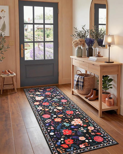 Macgace 2.5x8 Floral Runner Rug, Flowers Printed Washable Rugs with Non Slip Backing for Girls Bedroom Kitchen Hallway,Cute Carpet Runners Home Aesthetic Decor, Black