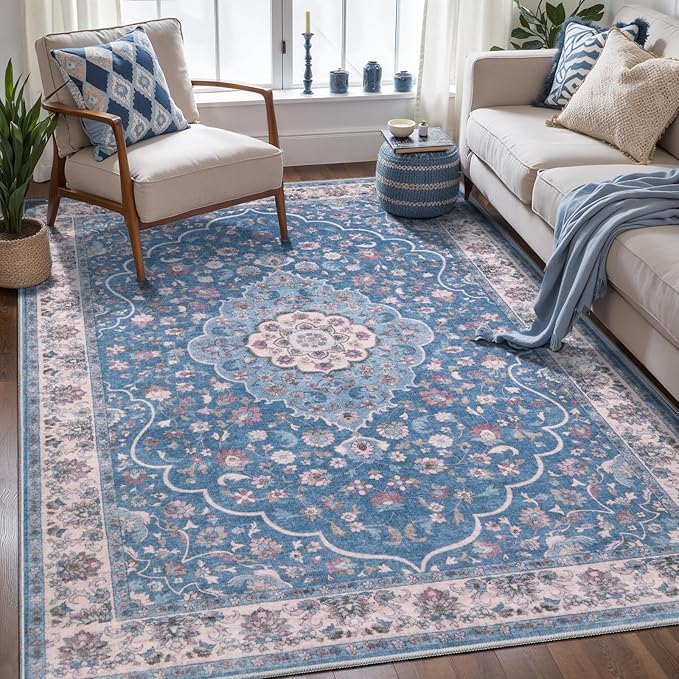 Tangsoo Vintage 4x6 Rug for Living Room,Washable Indoor Area Rug Blue Beige Non-Slip Mat Soft Floral Low Pile Carpet for Front Porch Dining Room Patio Bedroom