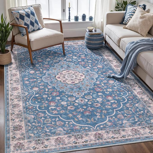 Tangsoo Vintage 4x6 Rug for Living Room,Washable Indoor Area Rug Blue Beige Non-Slip Mat Soft Floral Low Pile Carpet for Front Porch Dining Room Patio Bedroom