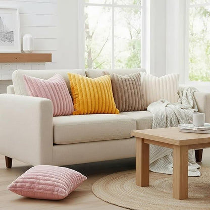 decorUhome Summer Cozy Faux Fur Throw Pillow Covers 18x18 Set of 2 Decorative Soft Plush Striped Modern Farmhouse Boho Couch Pillow Cases with Velvet Back for Sofa Bed Living Room, Cream White