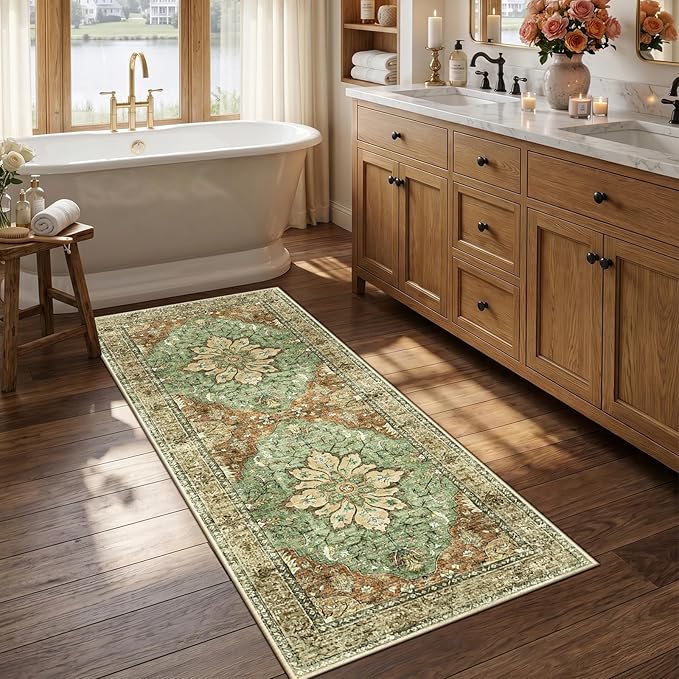 RELEANY Area Rugs 2'6"x5' Runner Rug Non Slip Washable for Kitchen Hallway Bedroom Beside Laundry Room Bathroom Rug, Floor Carpet, Brick Red Rust Neutral Brown Burnt Orange Green