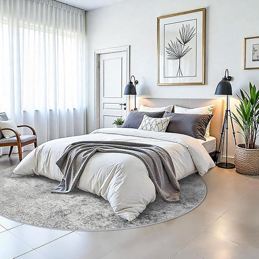 RUUGME Washable 6ft Round Rug - Abstract Rugs for Living Room Large Area Rugs Modern Stain Resistant Indoor Mat for Bedroom Dining Room Non Slip Rubber Backing Thin Super Soft Room Decor 6ft Grey