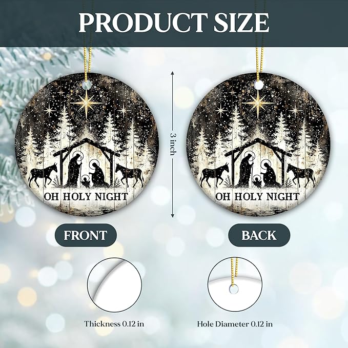 Oh Holy Night Nativity Ornament 2025 – Gift for Congregation, Rustic Christian Décor Featuring Manger Scene with Baby Jesus, Mary, Joseph, Star of Bethlehem, Religious Keepsake for Faith-Based