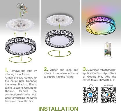 ASD 20 Inch Smart RGBW Flush Mount Ceiling Light with Remote - Matte Black 42W 120V 2700-6500K Dimmable Ceiling Light Fixture, WiFi App Control RGB Lights, Alexa & Google Assistant - ETL