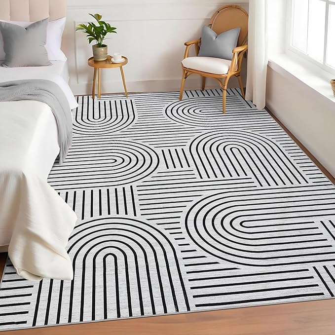 Washable Rug 3x5 Area Rugs for Living Room, Abstract Rug for Bedroom, Soft Rainbow Non Slip Throw Rugs with Rubber Back, Low Pile Stain Resistant Boho Geometric Carpet for Dining Room, Blackwhite