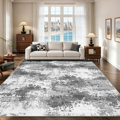 Washable Rug 9x12 Area Rugs for Living Room Bedroom Carpet, Grey Indoor Vintage Abstract Boho Large Rug Non Slip Faux Wool Rugs for Dorm, Dining Room Table, Nursery, Kids Playroom, Gray