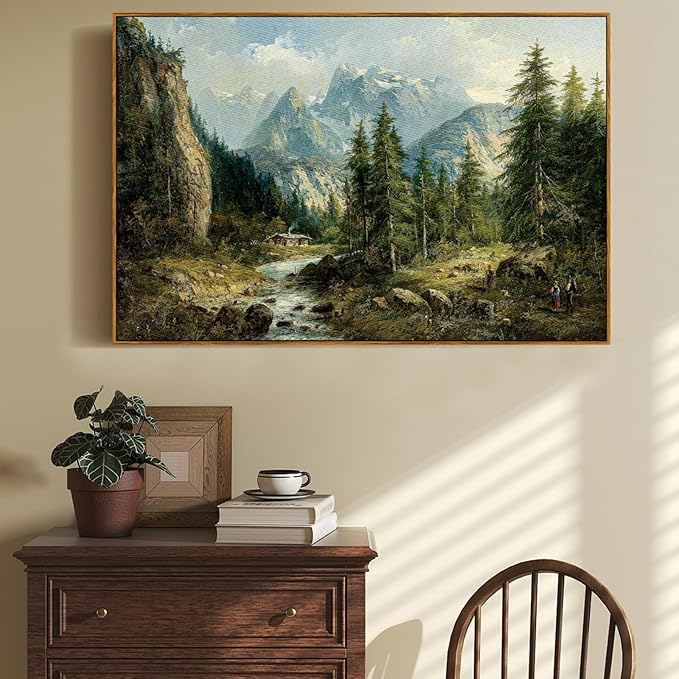 crmotu Vintage Framed Wall Art, Mountain River Landscape Canvas Painting, Pine Tree Forest Art Prints, Rustic Farmhouse Home Decorations, Pictures Wall Decor Living Room Bedroom Cottage 20x30in