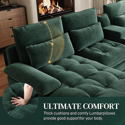 134"U Shaped Sectional Couches for Living Room,Oversized Modular Sectional Fluffy Couch with Chaise Lounge & Tufted Buttons,Modern Chenille 6 Seat Living Room Sofa Set with Storage Console,Green
