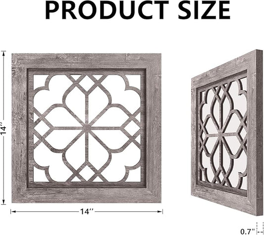 Set of 4 14 Inch Square Brown Window Pane Wall Mirrors, Shatterproof Rustic Farmhouse Boho Vintage Decorative Mirrors for Living Room Bedroom Bathroom Entryway