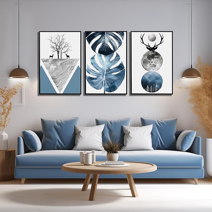 Boho Canvas Wall Art Set of 3 with Black Frame, Abstract Minimalismt Bohemian Deer & Tropical Leaf Pictures Prints Artwork Paintings Wall Decor for Bedroom Living Room Home Decoration 24x36 inches
