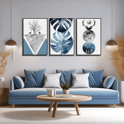 Boho Canvas Wall Art Set of 3 with Black Frame, Abstract Minimalismt Bohemian Deer & Tropical Leaf Pictures Prints Artwork Paintings Wall Decor for Bedroom Living Room Home Decoration 24x36 inches